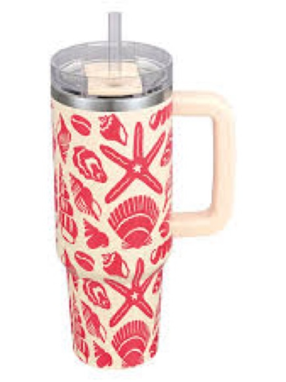 Insulated Beach Shell Pattern Tumbler with Handle - Cream & Coral
